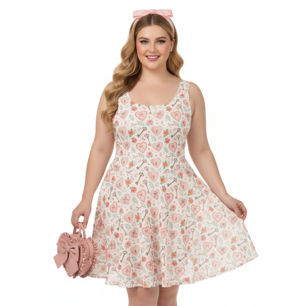 Coquette Pink Heart & Key Pinup Swing Dress